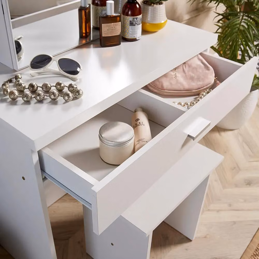 Home Source Modern Makeup Dressing Table Set with Vanity Mirror and Stool in White – 3