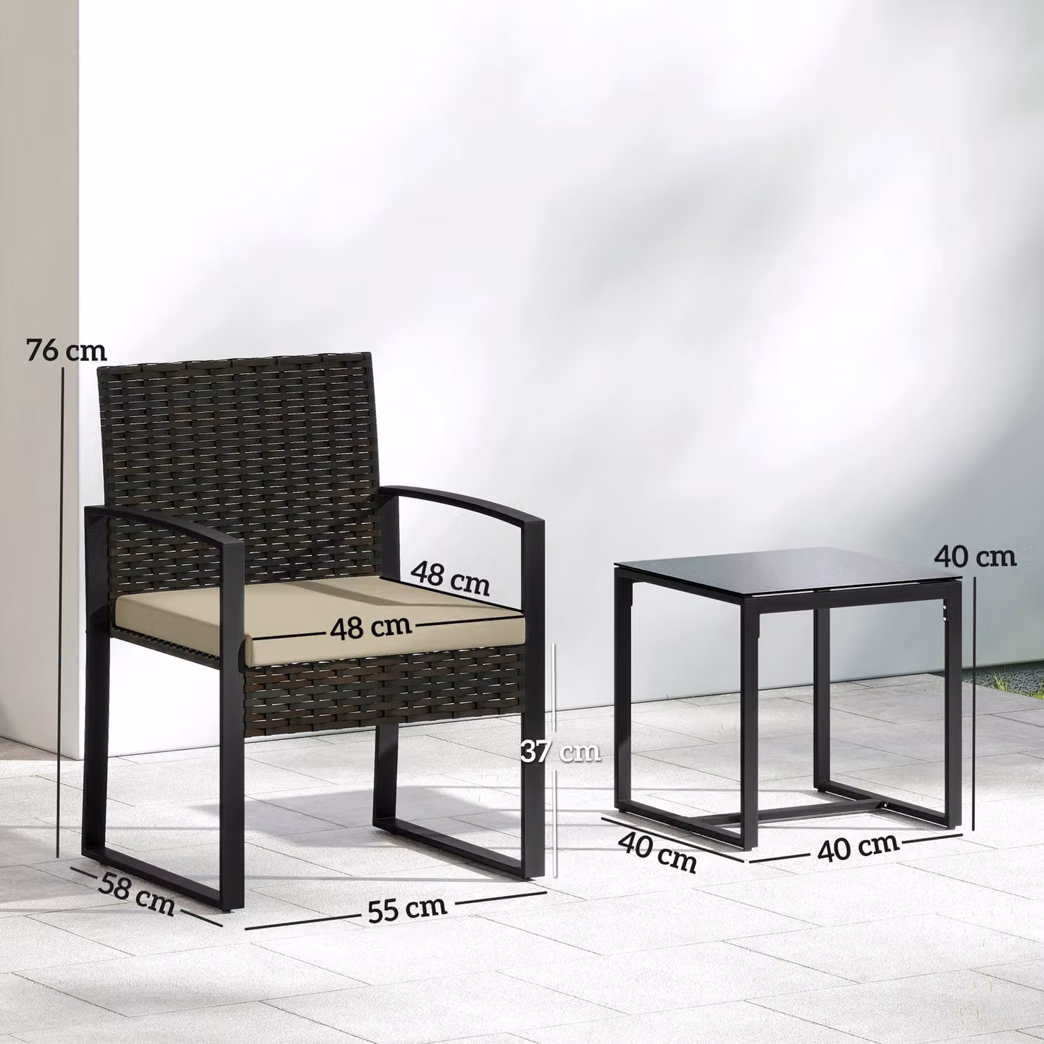 Outsunny 3 Piece Rattan Bistro Set with Glass Top Table and Cushions in Beige – 3