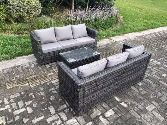 Fimous 6 Seater Rattan Garden Furniture Set with Upholstered Sofa and Coffee Table in Grey