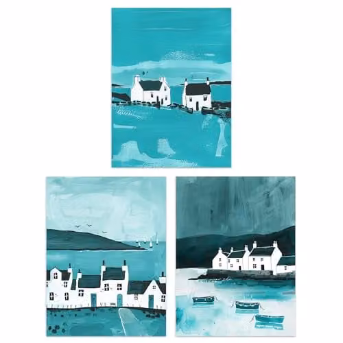 Artery8 Set of 3 Scottish Hebrides Isle of Mull Coastal Wall Art Paper Posters in Petrol Blue, W/H: 30.48 x 40.64 cm