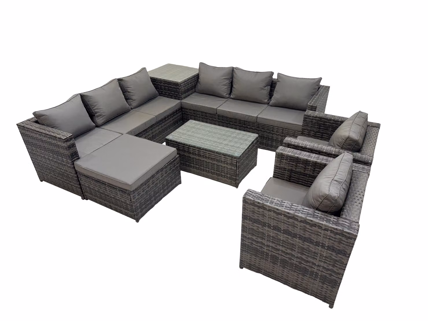 Fimous 9 Seater L-Shape Garden Rattan Furniture Set in Dark Grey with Upholstered Cushions, Coffee Table and Ottoman – 2