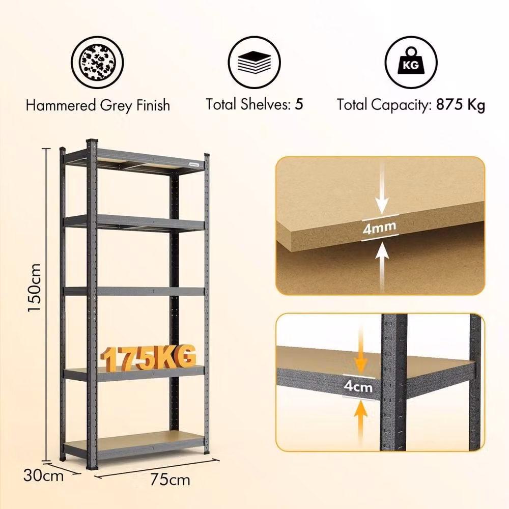 VonHaus Nestlune 5-Tier Heavy Duty Garage Shelving Unit, Grey, W/D/H: 100 x 52 x 150 cm – 2