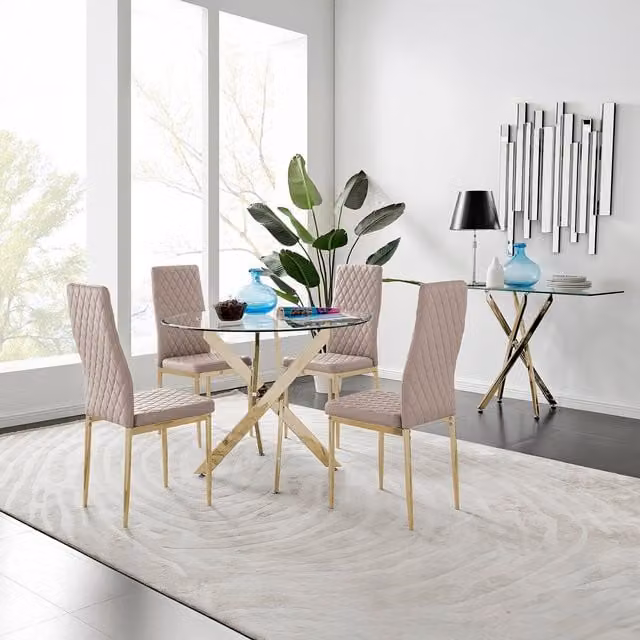 FurnitureboxUK Novara 100cm Round Tempered Glass Dining Table with Gold Legs and 4 Beige Milan Faux Leather Chairs
