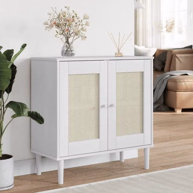 Berkfield Home SENJA Sideboard in White Rattan Look Solid Pine Wood, W/D/H: 80 x 35 x 80 cm