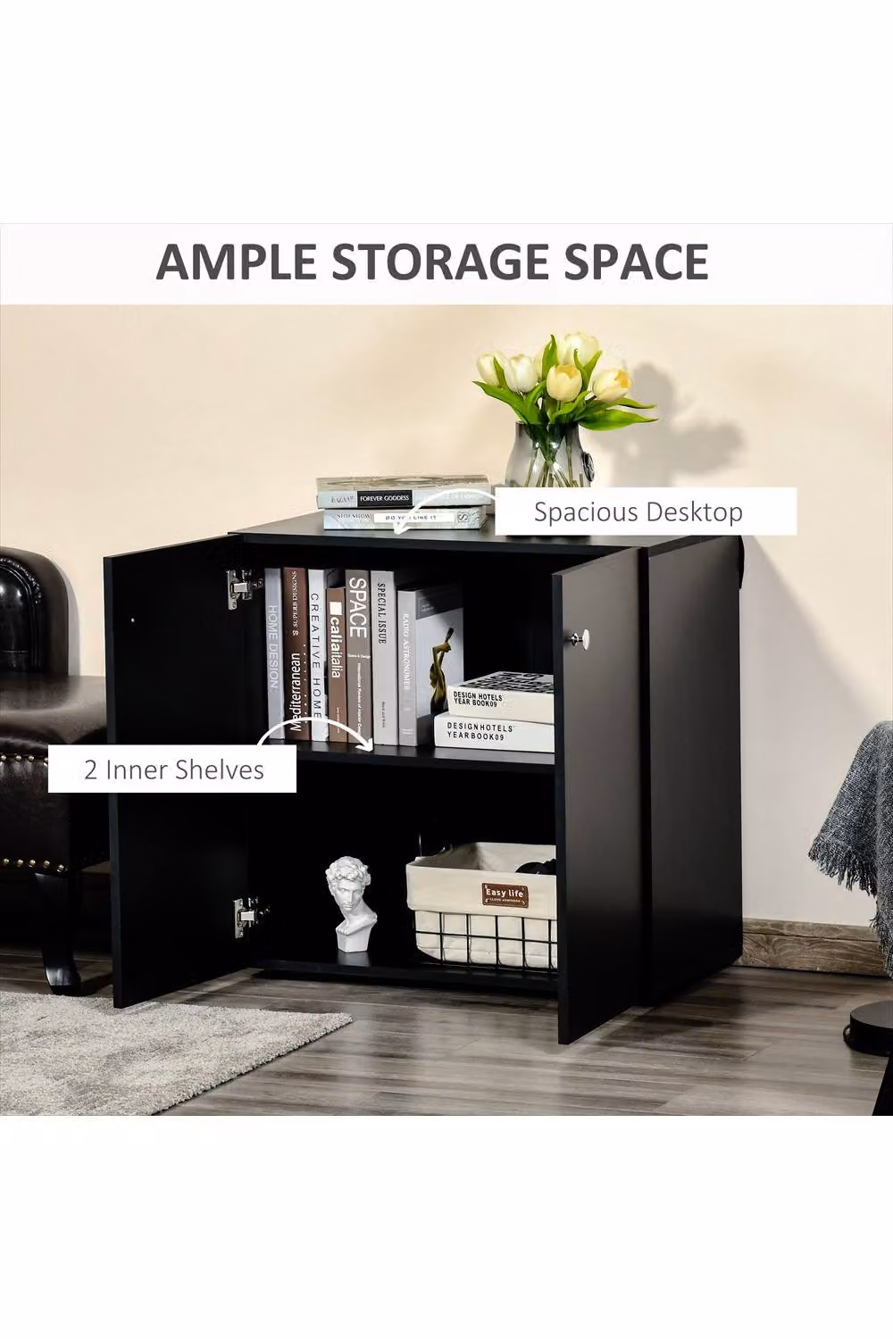 ERGOVEXA Black Wooden Storage Cabinet and Freestanding Sideboard with Two Shelves – 3