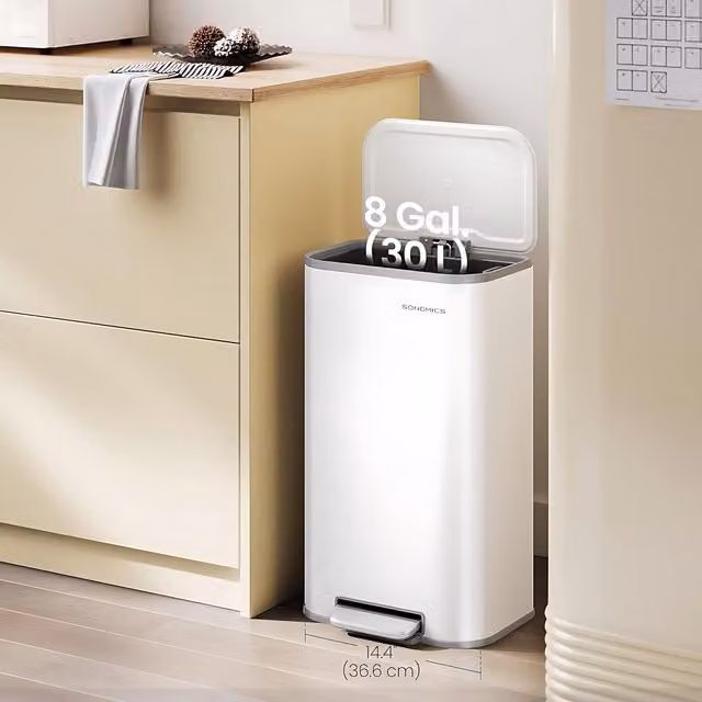 The Bazaarist Soft Close Kitchen Pedal Waste Bin with Removable Inner Bucket, White, W/D/H: 36.6 x 30.0 x 60.8 cm