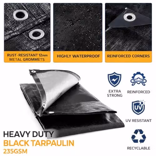 SolaDirect Heavy Duty Black Waterproof Tarpaulin with Bungee Rope, 5 x 5 m, 235 GSM – 5
