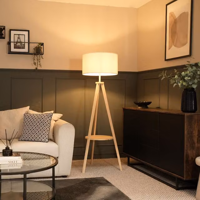 Morrigan Wood Tripod Floor Lamp with Boucle Shade and Bulb in Natural and Beige
