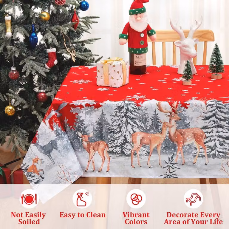 London Boutique Red Waterproof Christmas Tablecloth with Deer Print, W: 137.16 cm, D: 200.66 cm