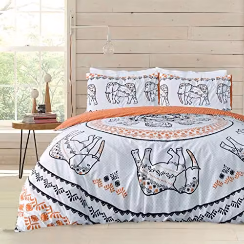 Sleepdown Tribal Elephant Mandala Reversible Duvet Cover and Pillowcase Bedding Set in White and Orange, Super King Size W: 220 cm, H: 260 cm