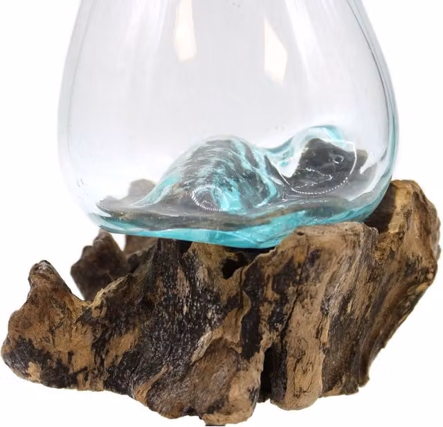 KDMK Turquoise Molten Glass and Wood Decorative Round Bowl for Home Plants