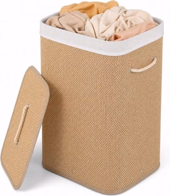 Costway Bamboo Laundry Hamper with Lid and Removable Bag in Beige and Brown