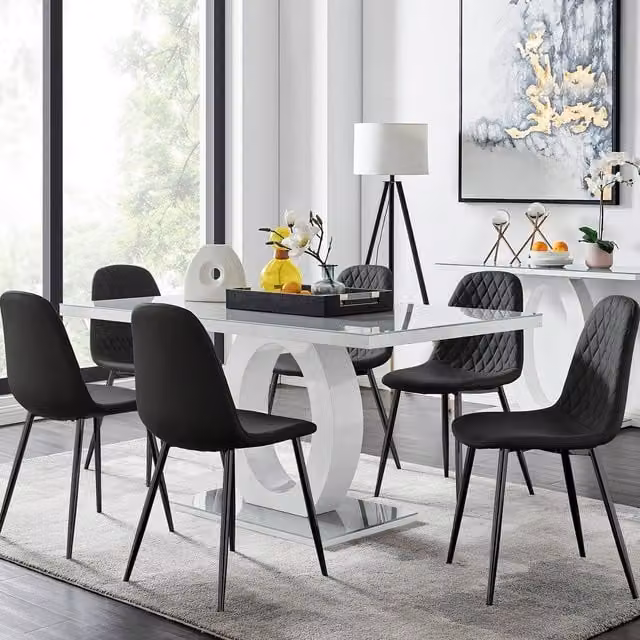 FurnitureboxUK Giovani 6-Seater Grey Glass Rectangular Dining Table and 6 Black Faux Leather Corona Dining Chairs