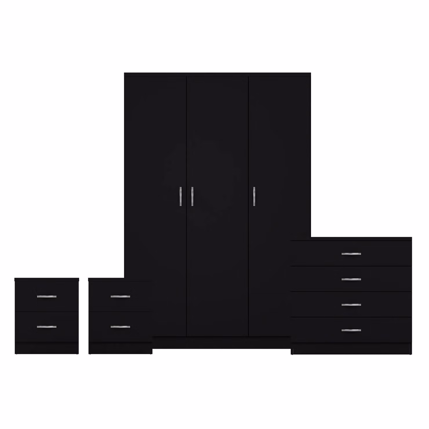 Vida Designs 4 Piece Modern Black Bedroom Set Including 2 Bedside Tables, 4 Drawer Chest and 3 Door Wardrobe – 2