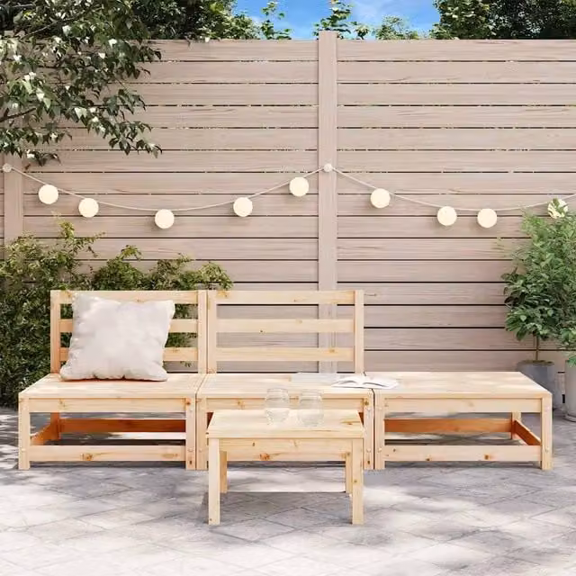 Berkfield Home Armless Garden Sofa and Matching Ottoman in Natural Solid Pine Wood