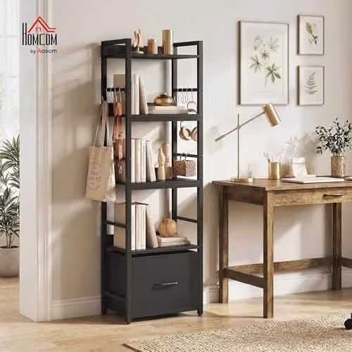 HOMCOM 4-Tier Bookshelf with Drawer and 8 Hooks, Black, W: 39 cm, D: 26 cm, H: 136.5 cm – 2