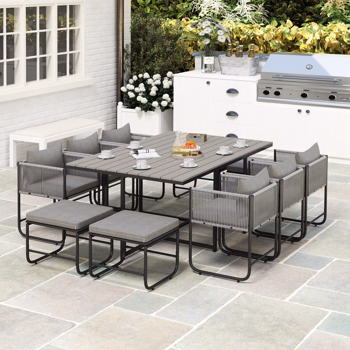 Outsunny 10 Seater Rattan Cube Garden Furniture Set in Grey with Cushions and Rectangular Wood Grain Plastic Top Table – 6