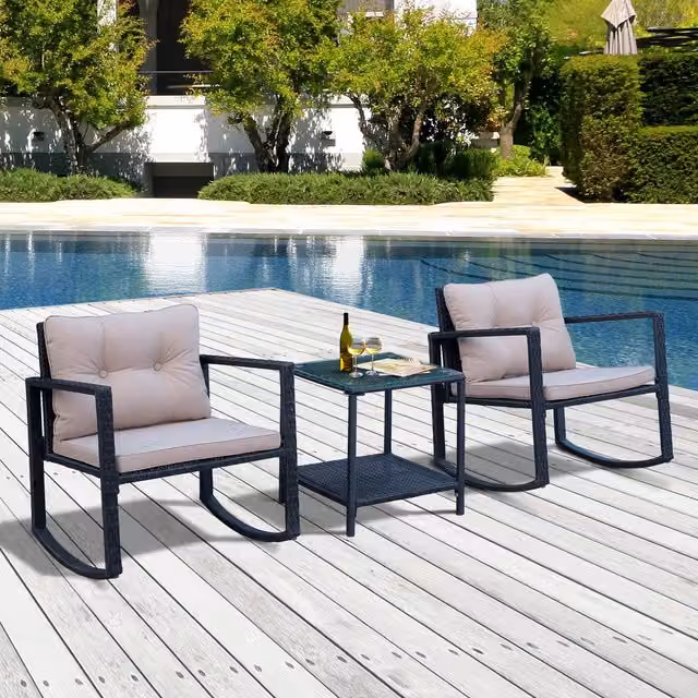 Outsunny 3 Piece Modern Rattan Rocking Set in Black, Brown and Grey