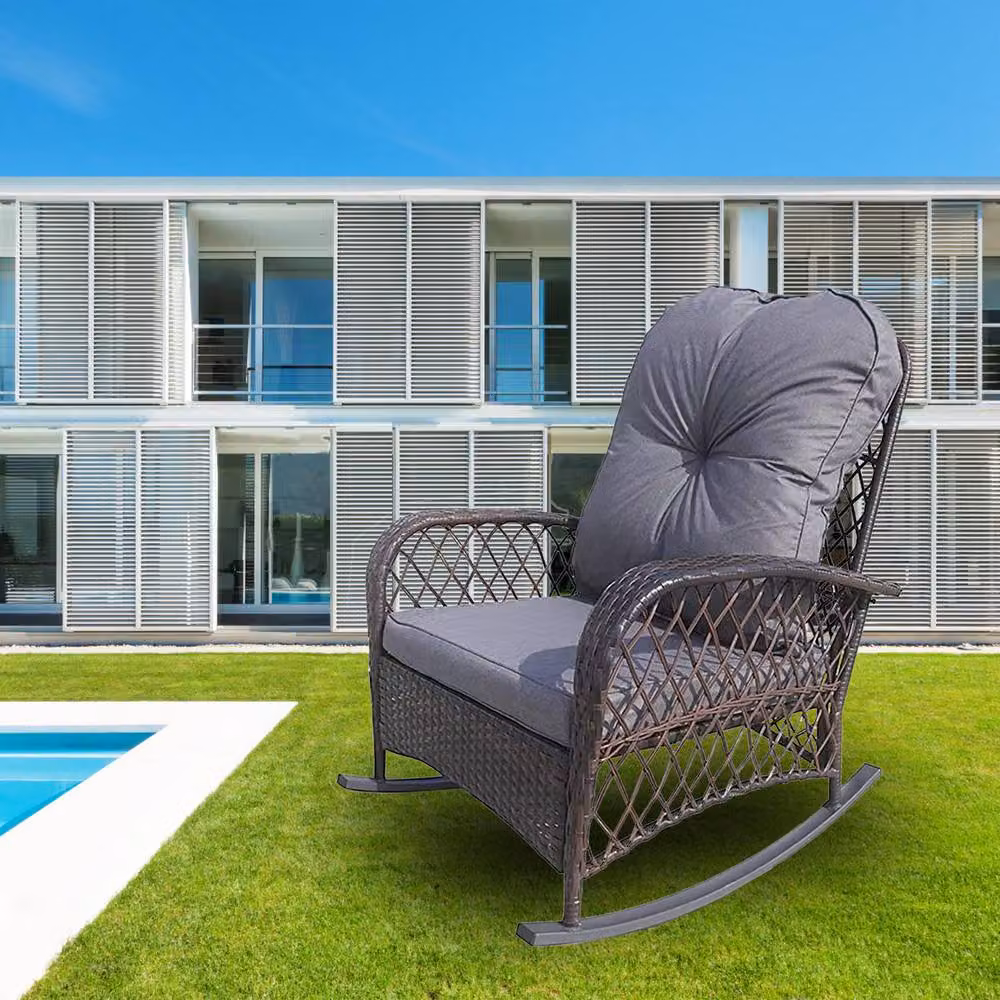FURNITURE ONE Brown Rattan Patio Rocking Chair with Soft Cushion – 5