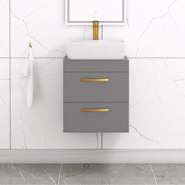 Royal Bathrooms 500mm Wall Hung Vanity Unit with 2 Drawers and Cube Countertop Basin in Indigo Grey Gloss with Brushed Brass Handle