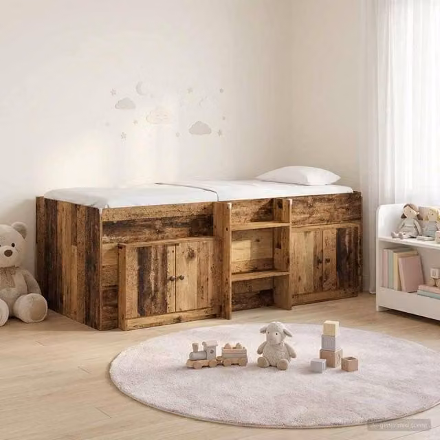 Berkfield Home Loft Bed Frame with Cabinet in Old Wood Brown, 3-Piece Engineered Wood Set