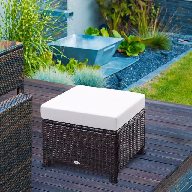 Outsunny Brown Rattan Wicker Ottoman Footstool with Padded Seat Cushion