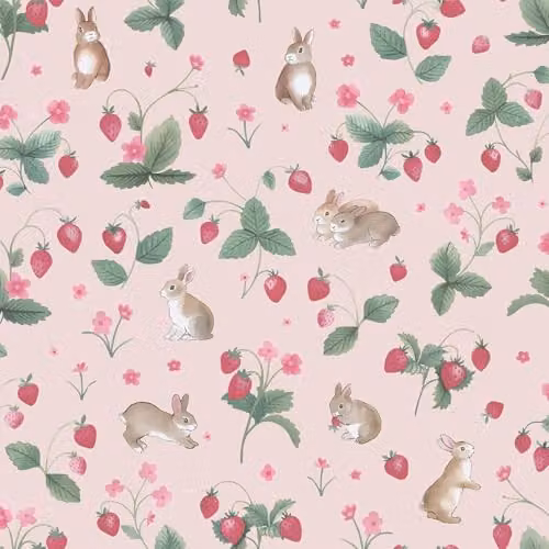 Holden Decor Storybook Bunnies & Berries Nature Inspired Wallpaper in Pink, Green and Red for Nurseries and Playrooms