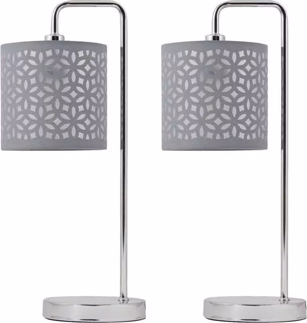 First Choice Lighting Set of 2 Chrome Arched Table Lamps with Grey Cut Out Fabric Shades in Silver, Height: 46 cm – 1