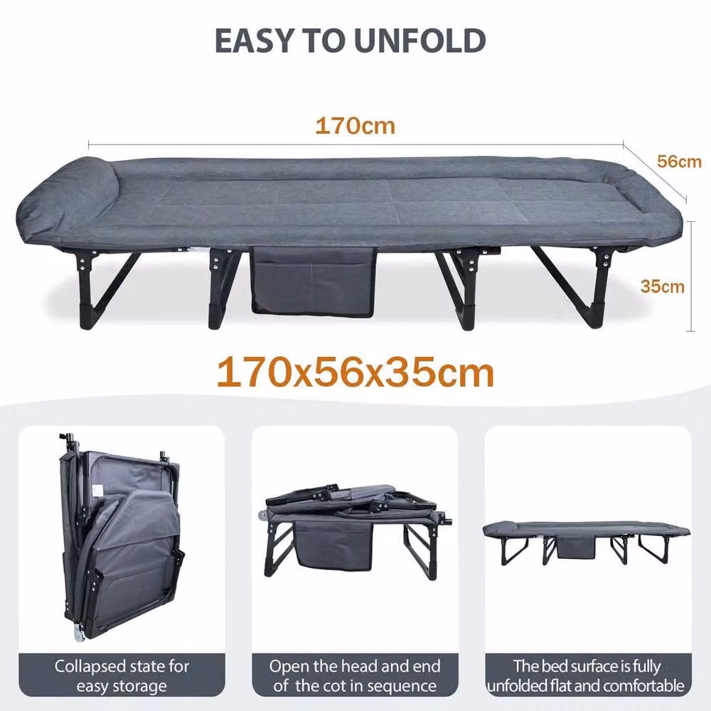 FLAVORA Grey Folding Sun Lounger Recliner Single Camping Bed with Side Compartment, W/D/H: 170 x 55 x 30 cm – 2