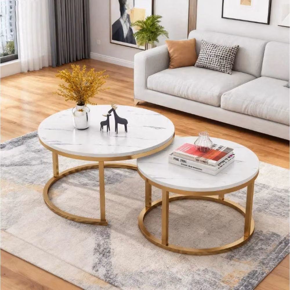 EONLION Set of 2 Round White Marble and Metal Stacking Coffee Tables, W/D/H: 100 x 100 x 70 cm and 70 x 70 x 45 cm – 2