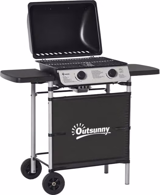 Outsunny 2 Burner Propane Gas Barbecue Grill with Side Shelves and Wheels, Black