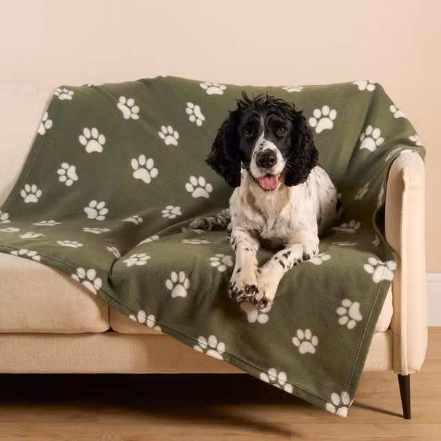 OHS Green Paw Print Polar Fleece Microfibre Throw