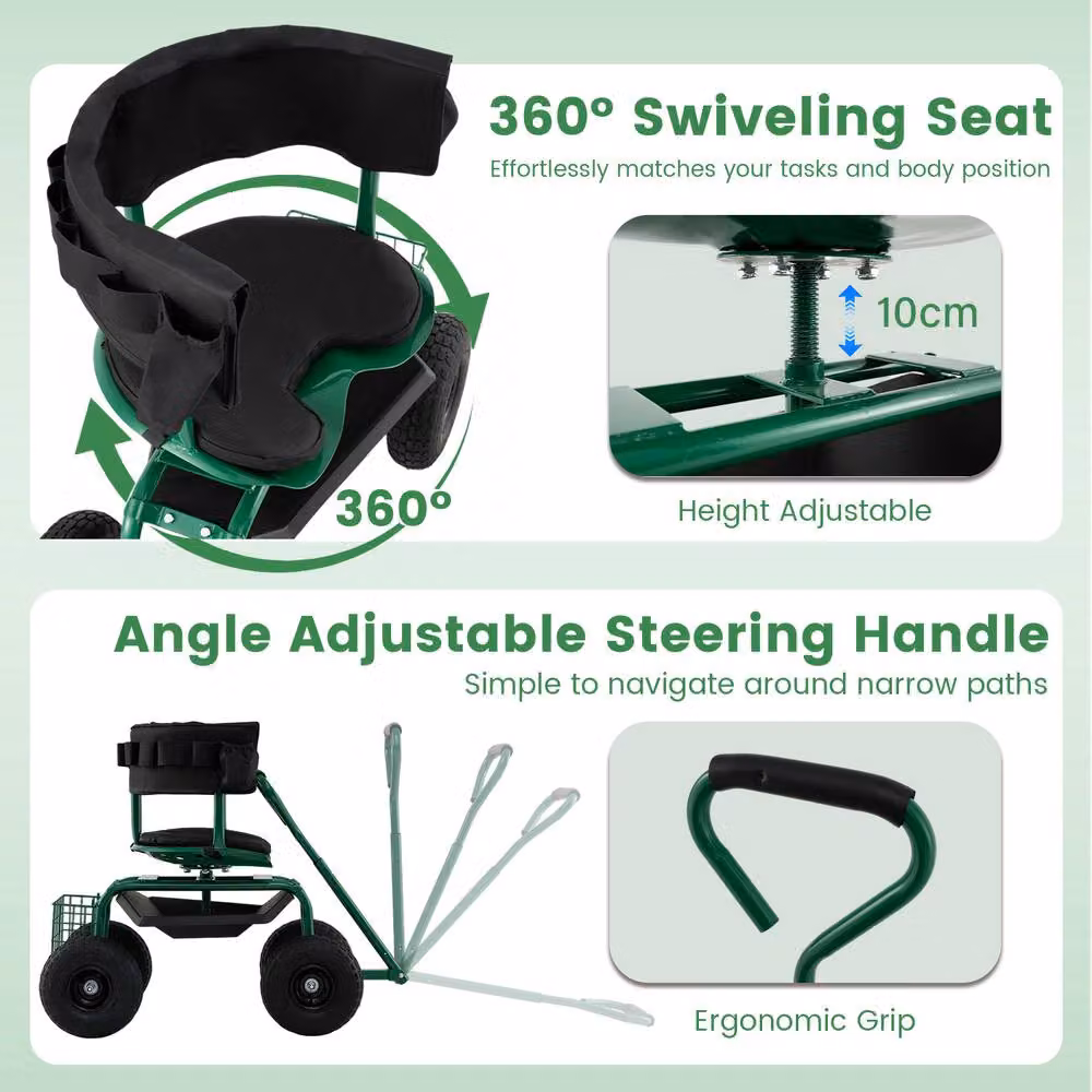 Costway Rolling Garden Work Seat with Wheels and Swivel Seat in Green – 4
