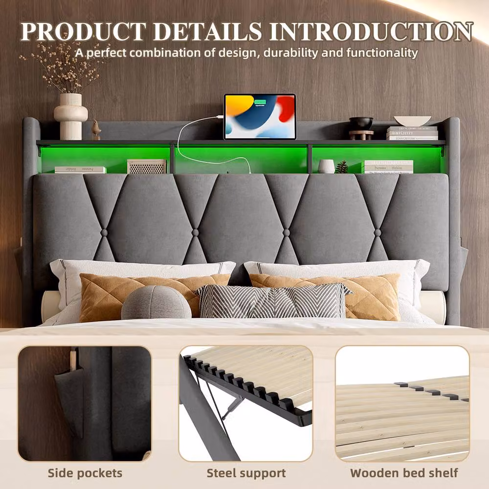 Direct Wicker King Padded Storage Bed with LED Lighting and USB Type-C in Dark Grey, W/D/H: 150 x 200 cm – 6