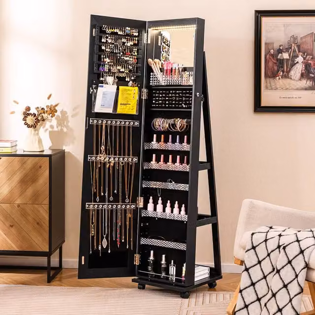 Costway 3-in-1 Black Jewelry Armoire with 360 Degree Swivel Mirror, LED Lighting and Lock – 1