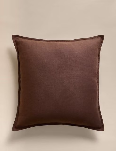 M&S Pure Linen Flange Trim Square Cushion in Brown with Feather Filling
