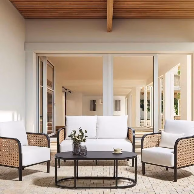 Wyld and Coco Garden Sofa Set with Black Powder Coated Aluminium Frame and Off-White Upholstered Cushions – 1