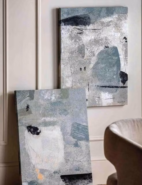 Gallery Direct Set of 2 Insight Abstract Canvas Wall Art in Duck Egg Blue, Grey, Beige and Black