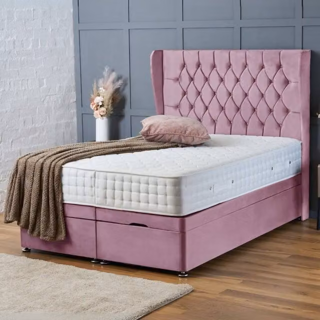 BSSPOKE Amelia Small Double Ottoman Divan Bed in Pink Plush Velvet with 54 inch Headboard