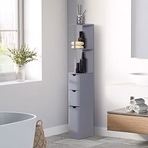 HOMCOM Tall Freestanding Bathroom and Kitchen Storage Cabinet in Grey with Shelves and Drawers – 2