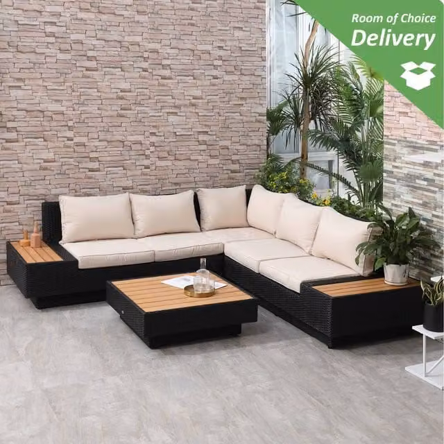 Outsunny 4-Piece Modern Sectional Rattan Garden Furniture Set in Black