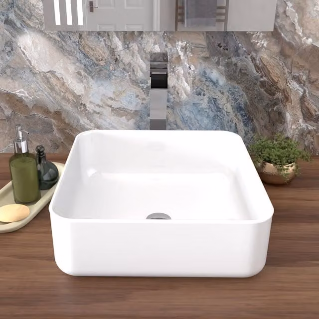 Nes Home Oscott Gloss White Square Countertop Basin W: 39.0 cm, D: 13.5 cm, H: 13.5 cm – 1