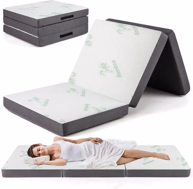 Gymax Grey Tri-Fold Comfort Foam Folding Floor Mattress with Removable Cover