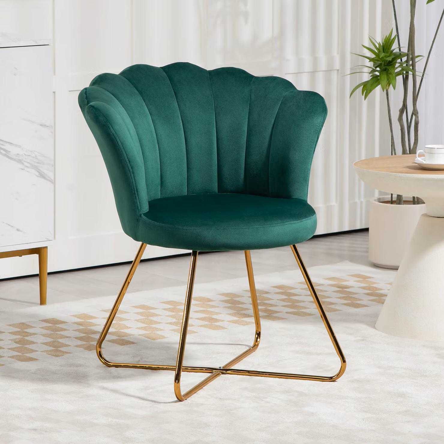 HOMCOM Green Velvet Lotus Petal Accent Chair with Metal Legs – 2