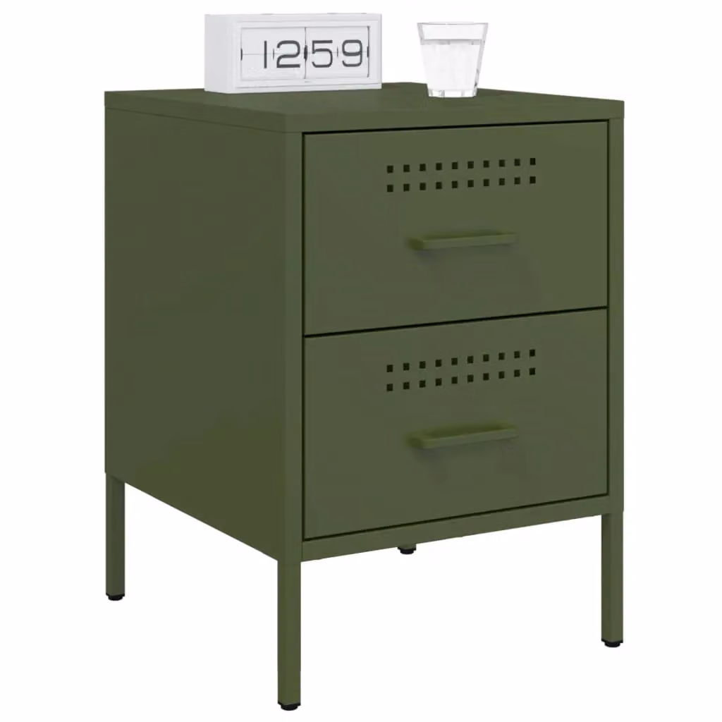 Berkfield Home Set of 2 Industrial Metal Bedside Cabinets in Olive Green, W/D/H: 36 x 39 x 50.5 cm – 3