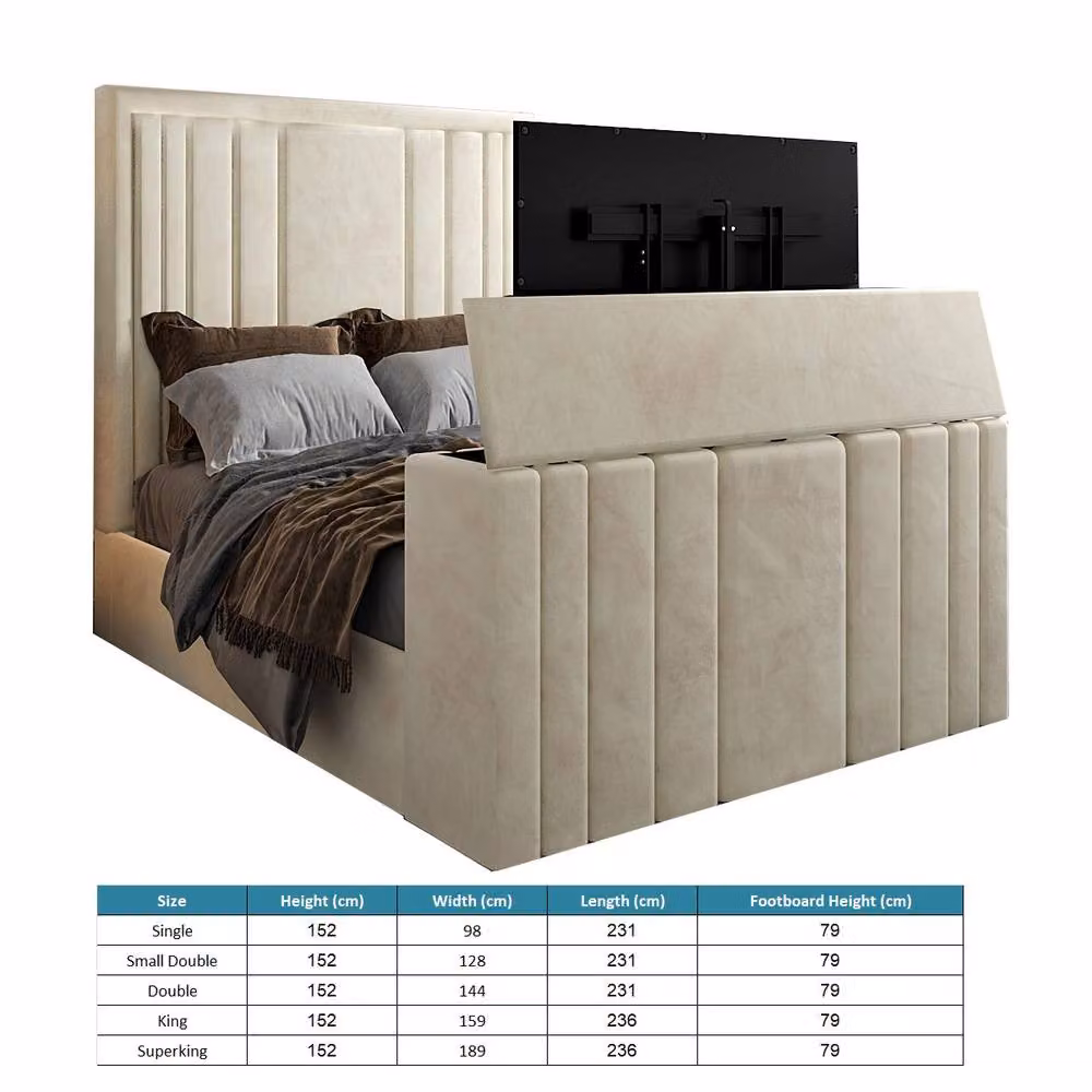 KDMD Ashburnham Bespoke Upholstered Soft Velvet TV Bed Frame in Cream, Double (W: 140 cm x L: 200 cm) – 5