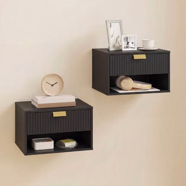 HOMCOM Set of 2 Floating Bedside Tables with Fluted Drawer and Open Shelf in Black, W: 40 cm, D: 30 cm