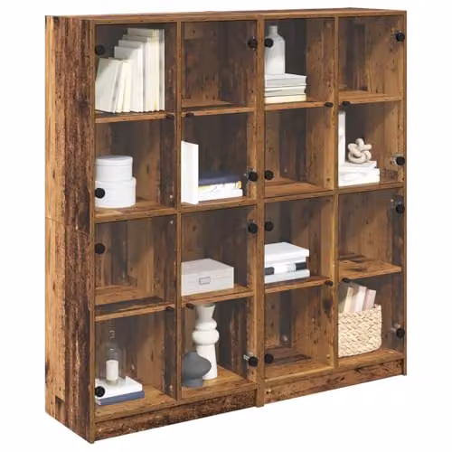 vidaXL Set of 2 Modern Highboards in Old Wood with Glass Doors, W/D/H: 136 x 37 x 142 cm