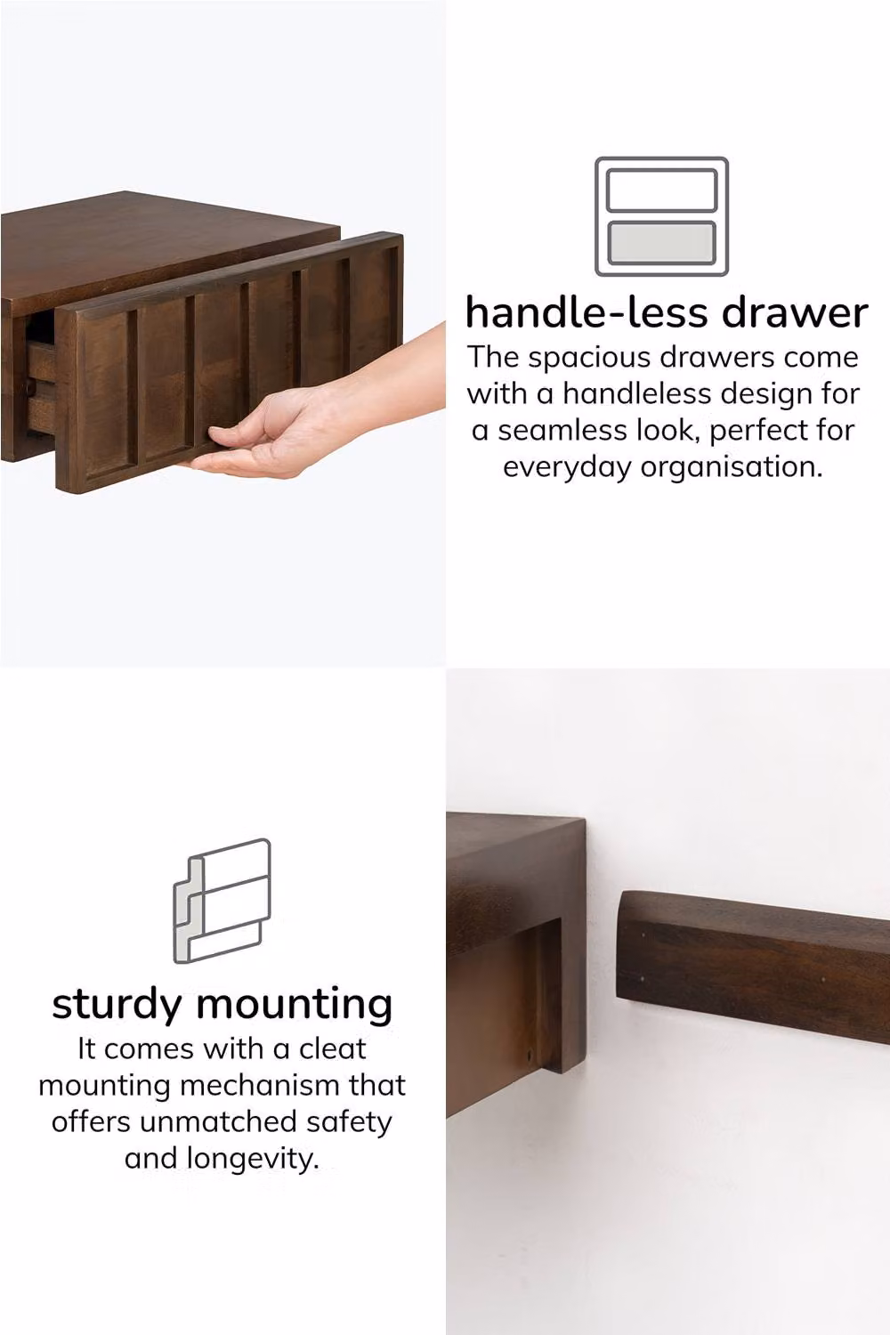 MH London Arlo Solid Mango Wood Floating Wall Storage Shelf with Push-to-Open Drawer in Dark Brown – 3