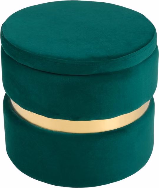Livingandhome Green Velvet Cylindrical Upholstered Storage Ottoman with Gold Metal Trim